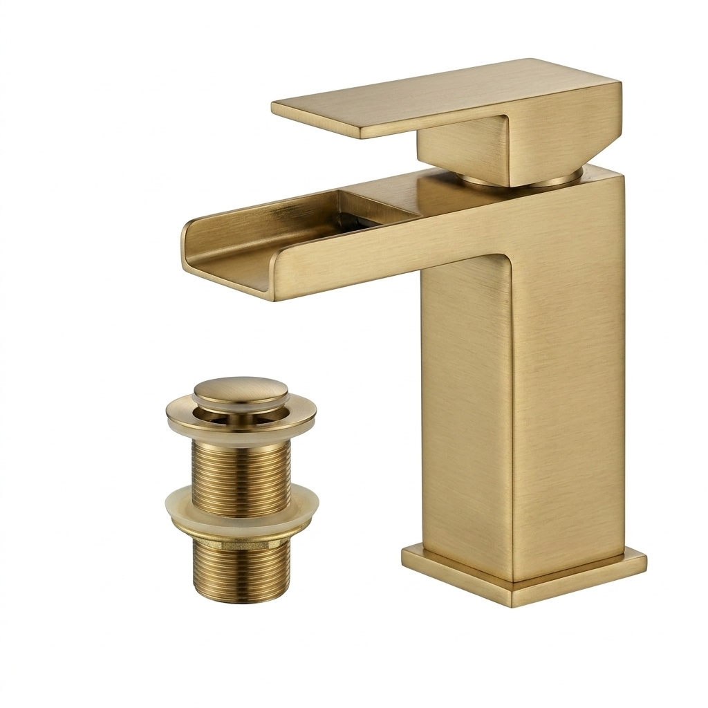 Techsphere Cascade Basin Mixer Tap, Sink Faucet Brushed Brass